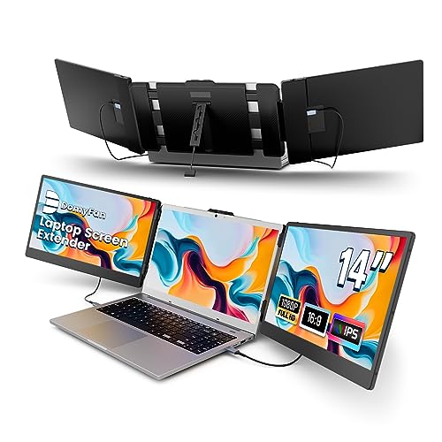 domyfan دوميفان 14" موسع شاشة اللابتوب، شاشة محمولة ثلاثية FHD 1080P IPS، HDMI/USB-A/Type-C لويندوز، ماك، أندرويد، كروم، سويتش و PS5، تعمل مع لابتوبات 13.3"-17" - Image 1