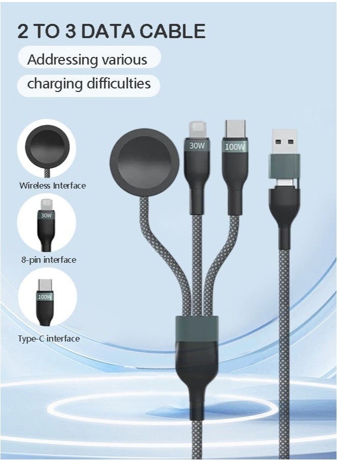 Generic 3-in-1 Multi-Functional Charging Cable 120cm – 2 Input & 3 Output with 100W Fast Charge, USB/Type-C Compatibility, Wireless Watch Charger, Braided Nylon Durable Cord for Smartphones, Tablets, and Wearables  - Image 5