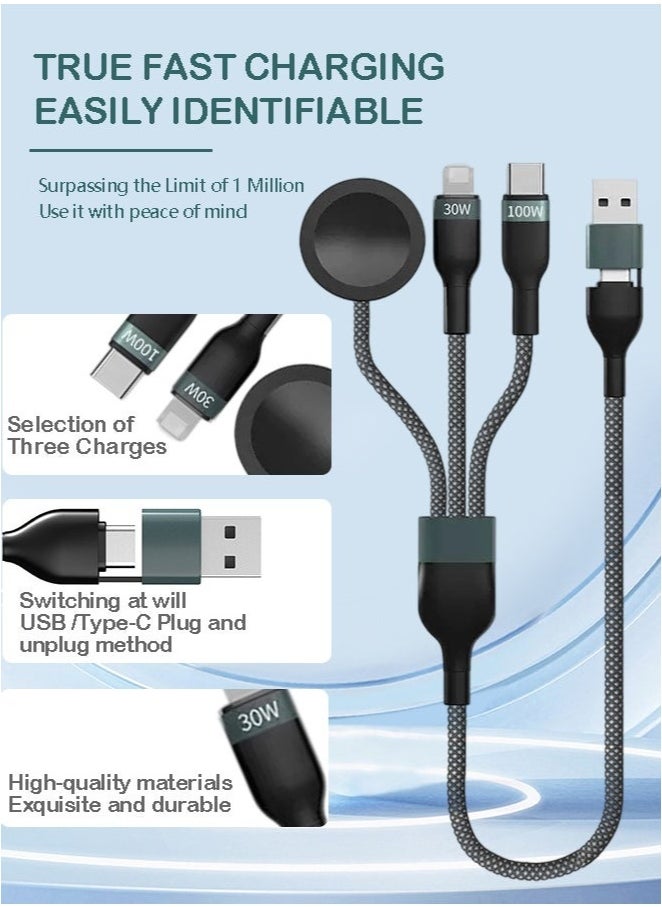 Generic 3-in-1 Multi-Functional Charging Cable 120cm – 2 Input & 3 Output with 100W Fast Charge, USB/Type-C Compatibility, Wireless Watch Charger, Braided Nylon Durable Cord for Smartphones, Tablets, and Wearables  - Image 2