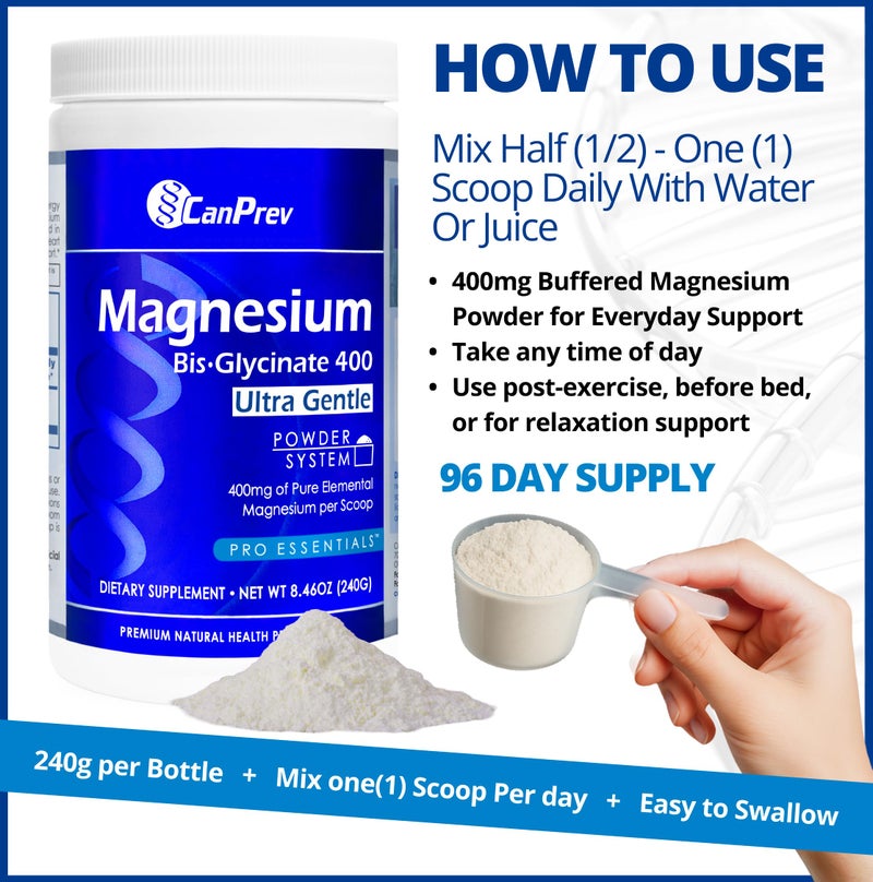 CanPrev Magnesium Bisglycinate 400 Ultra Gentle Powder 240g 48 Servings, 400mg Elemental Magnesium Per Scoop, Supports Restful Nights, Muscle Function, Gentle on Digestion, Vegan, Non-GMO, Gluten-Free - Image 5
