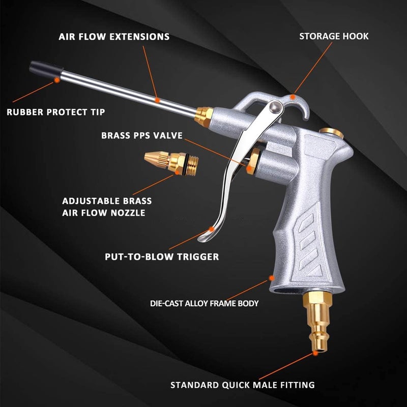 JASTIND Industrial Air Blow Gun with Brass Adjustable Air Flow Nozzle and 2 Steel Air flow Extension, Pneumatic Air Compressor Accessory Tool Dust Cleaning Air Blower Gun-2 Pack - Image 2