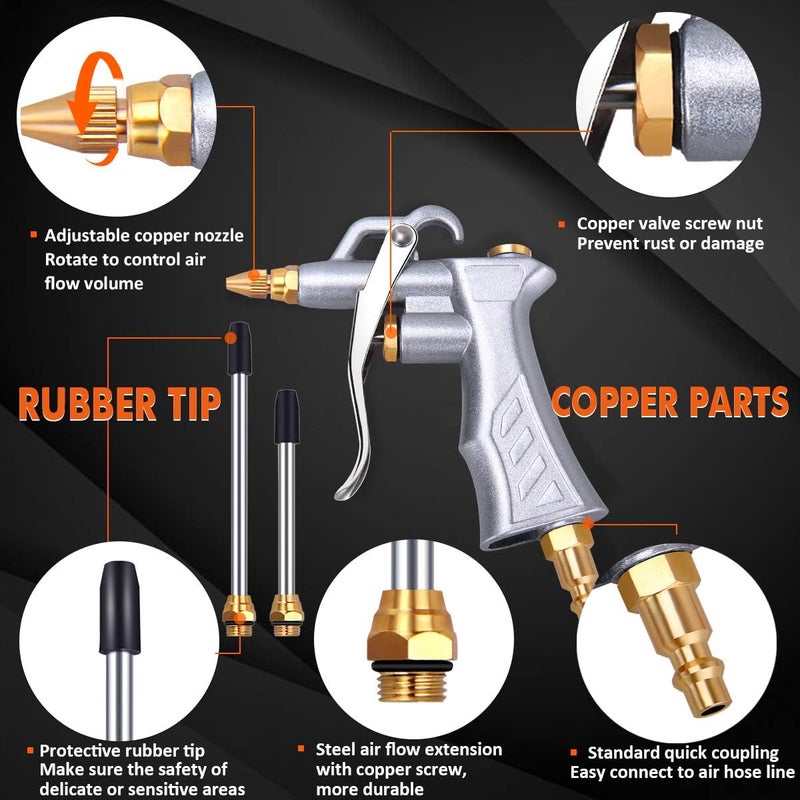 JASTIND Industrial Air Blow Gun with Brass Adjustable Air Flow Nozzle and 2 Steel Air flow Extension, Pneumatic Air Compressor Accessory Tool Dust Cleaning Air Blower Gun-2 Pack - Image 4
