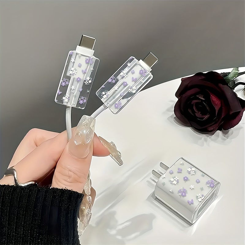 Fresh Purple Floral Pattern TPU Charger And Cable Protector Set 3 Piece Transparent Charging Accessory Kit For iPhone Compatible With 18W 20W Adapters Cable Protection Cases For iPhone 13 14 15 Chargers Durable Floral Patterned Transparent Covers For Gifting - Image 5