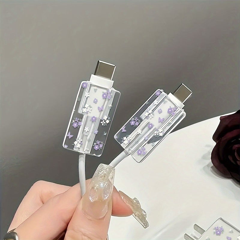 Fresh Purple Floral Pattern TPU Charger And Cable Protector Set 3 Piece Transparent Charging Accessory Kit For iPhone Compatible With 18W 20W Adapters Cable Protection Cases For iPhone 13 14 15 Chargers Durable Floral Patterned Transparent Covers For Gifting - Image 2