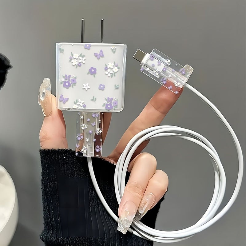 Fresh Purple Floral Pattern TPU Charger And Cable Protector Set 3 Piece Transparent Charging Accessory Kit For iPhone Compatible With 18W 20W Adapters Cable Protection Cases For iPhone 13 14 15 Chargers Durable Floral Patterned Transparent Covers For Gifting - Image 1