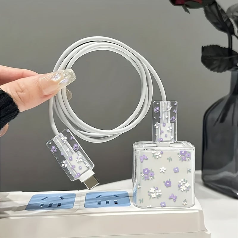 Fresh Purple Floral Pattern TPU Charger And Cable Protector Set 3 Piece Transparent Charging Accessory Kit For iPhone Compatible With 18W 20W Adapters Cable Protection Cases For iPhone 13 14 15 Chargers Durable Floral Patterned Transparent Covers For Gifting - Image 4