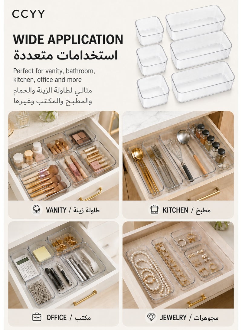 CCYY 6 Pack Clear Drawer Organizer Set,Versatile Bathroom and Vanity Organizer Trays,Acrylic Drawer Storage Trays,Storage Bins for Makeup Jewelries,Cosmetics,Gadgets,Kitchen Utensils and Office - Image 5