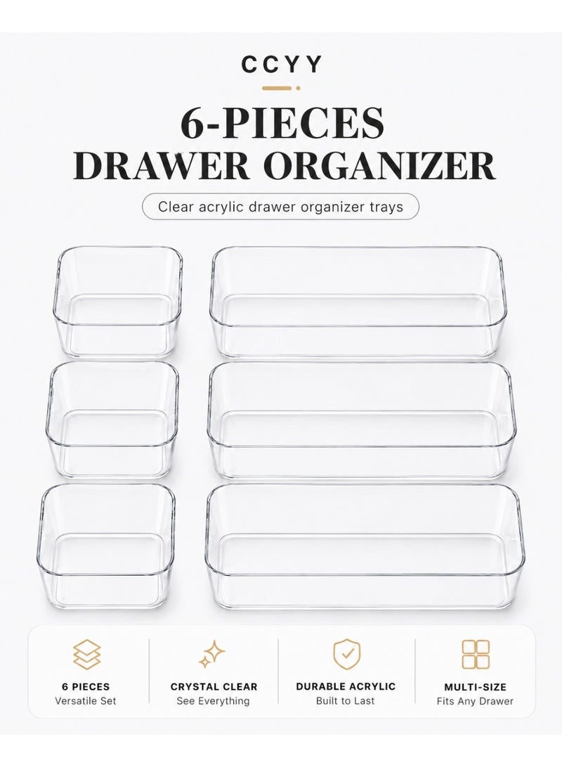 CCYY 6 Pack Clear Drawer Organizer Set,Versatile Bathroom and Vanity Organizer Trays,Acrylic Drawer Storage Trays,Storage Bins for Makeup Jewelries,Cosmetics,Gadgets,Kitchen Utensils and Office - Image 1