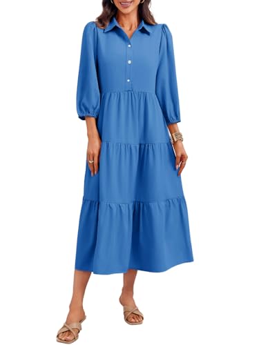 Wenrine Womens Casual 3/4 Sleeve Shirt Dress Button Down V Neck Tiered Collared Flowy Maxi Dress Blue - Image 1