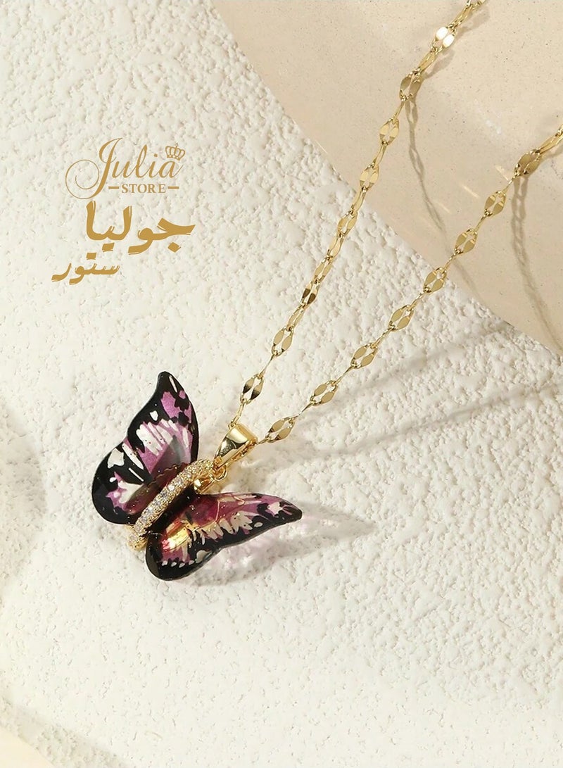 جوليا ستور قلادة من الفولاذ المقاوم للصدأ مطلية بالذهب 18 قيراط، قلادة الفراشة - Image 2