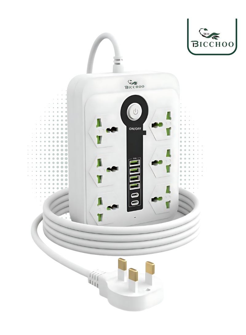 بيتشو سلك تمديد عالمي بطول 2 متر مع مقبس متعدد الوظائف من المملكة المتحدة بثلاثة دبابيس مع 6 عصابة و4 منافذ USB ومنفذين من النوع C ومقبس كهربائي بطول 2 متر وشريط طاقة رئيسي للمنزل والمطبخ والمكت - Image 1