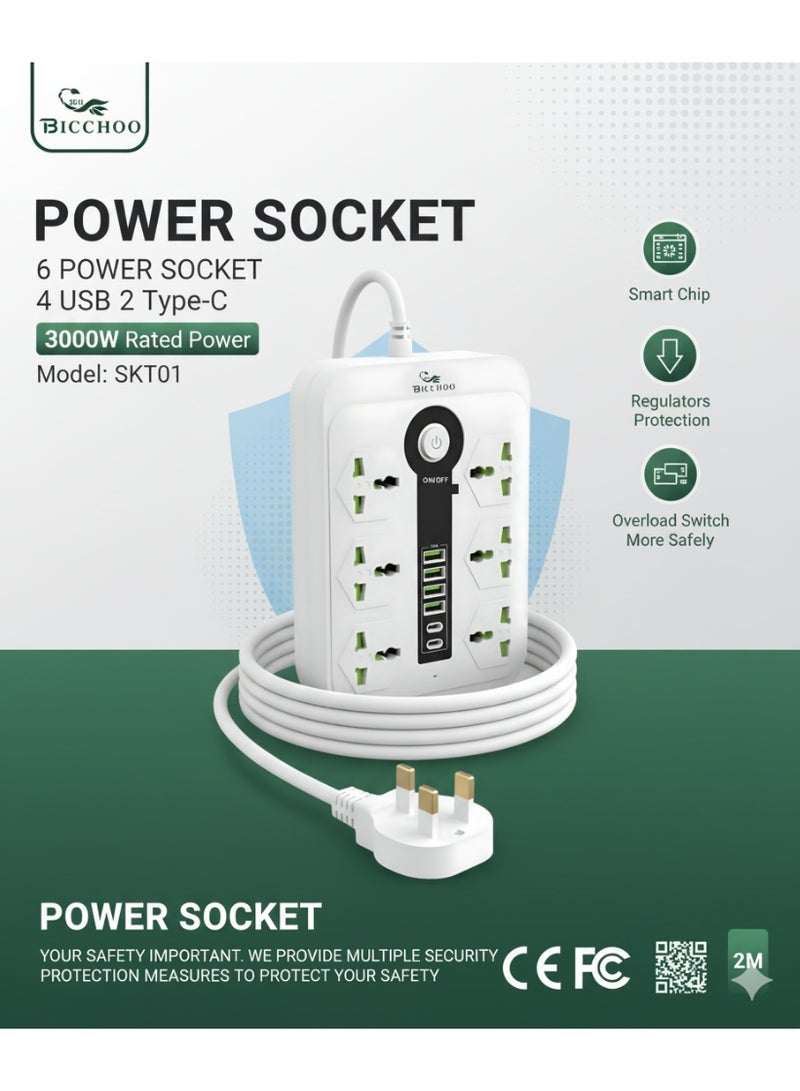 بيتشو سلك تمديد عالمي بطول 2 متر مع مقبس متعدد الوظائف من المملكة المتحدة بثلاثة دبابيس مع 6 عصابة و4 منافذ USB ومنفذين من النوع C ومقبس كهربائي بطول 2 متر وشريط طاقة رئيسي للمنزل والمطبخ والمكت - Image 2