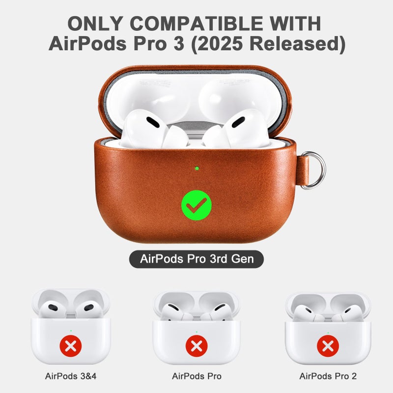 ICARER AirPod Pro 3 Case with Strap, 100% Geniune Leather Case, Handmade Top Grade Vintage Cover, Shockproof Protective Wireless Charging Cover, Compatible with AirPod Pro 3 2025 Model (Brown) - Image 2