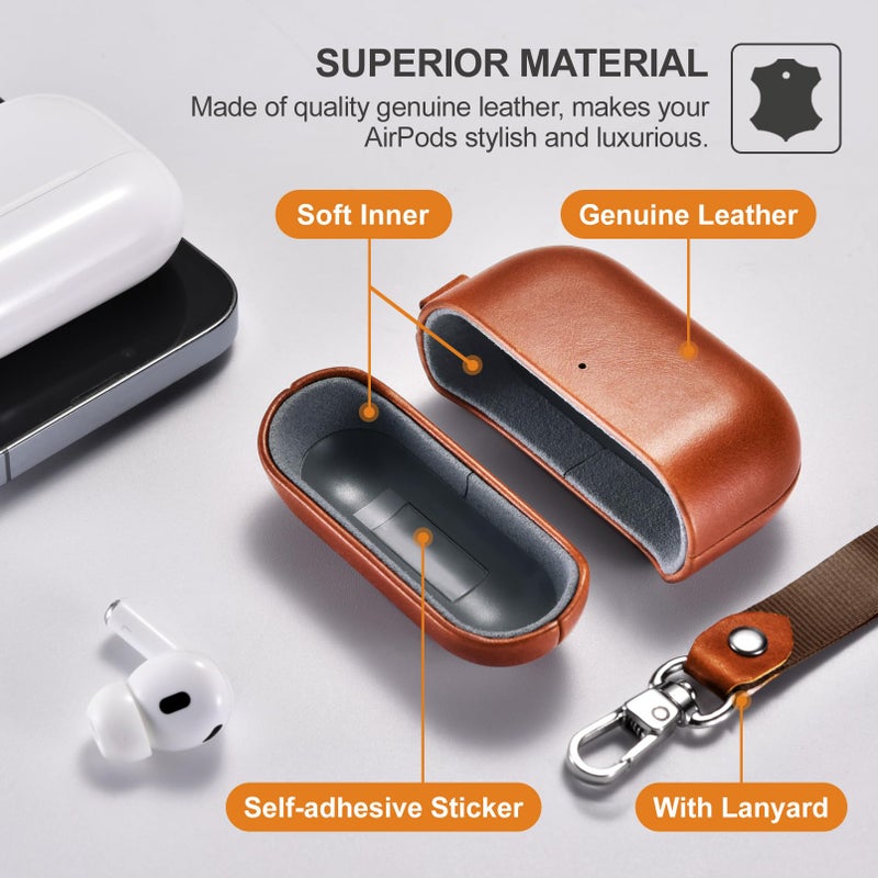 ICARER AirPod Pro 3 Case with Strap, 100% Geniune Leather Case, Handmade Top Grade Vintage Cover, Shockproof Protective Wireless Charging Cover, Compatible with AirPod Pro 3 2025 Model (Brown) - Image 3