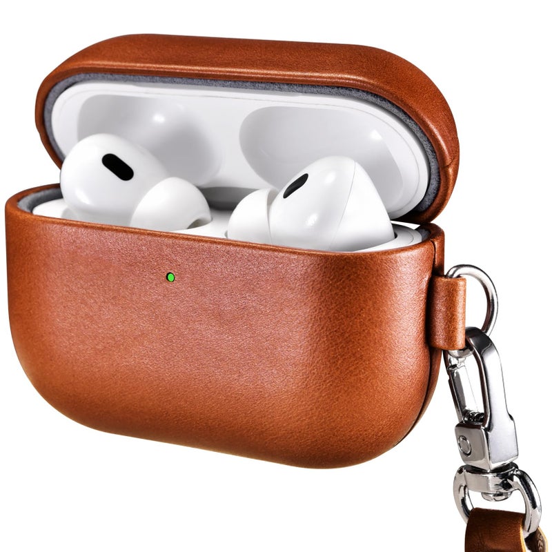 ICARER AirPod Pro 3 Case with Strap, 100% Geniune Leather Case, Handmade Top Grade Vintage Cover, Shockproof Protective Wireless Charging Cover, Compatible with AirPod Pro 3 2025 Model (Brown) - Image 1