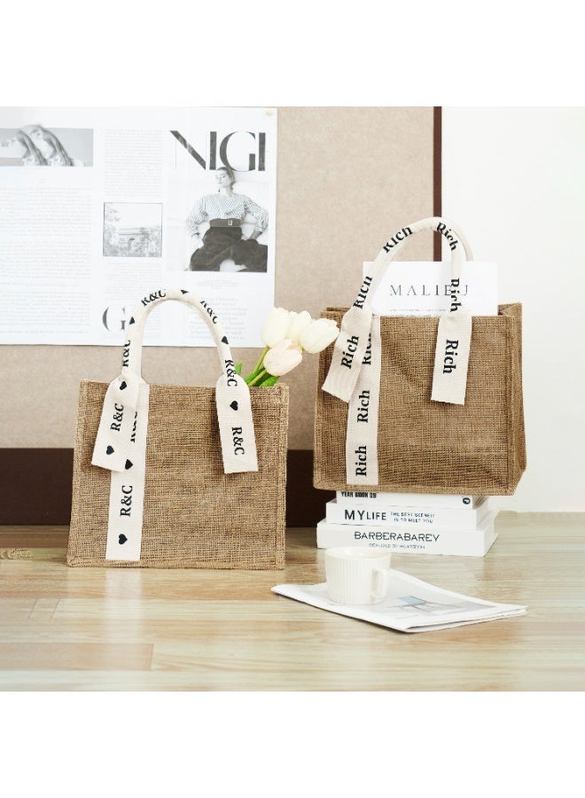 Personalized Custom Printed Jute Linen Handheld Tote Bag with Ribbon Handles & Decorative Streamer Tags – Eco-Friendly Reusable Shopping Gift Bag for Women – Available in Small & Large Sizes – Ideal for Weddings, Birthdays, Events & Daily Use - Image 1