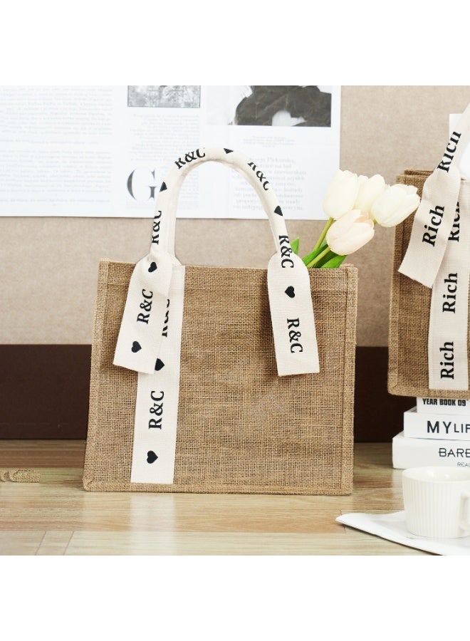Personalized Custom Printed Jute Linen Handheld Tote Bag with Ribbon Handles & Decorative Streamer Tags – Eco-Friendly Reusable Shopping Gift Bag for Women – Available in Small & Large Sizes – Ideal for Weddings, Birthdays, Events & Daily Use - Image 2