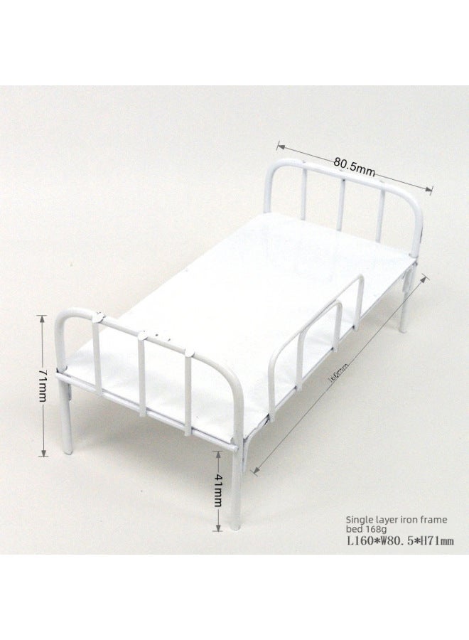 Dollhouse Mini Model [iron Frame Bed Single Bed] Baby House Iron Soldier Dormitory Bed Model Accessories-Color:C1004-2 Single-layer Iron Bed White  - Image 2