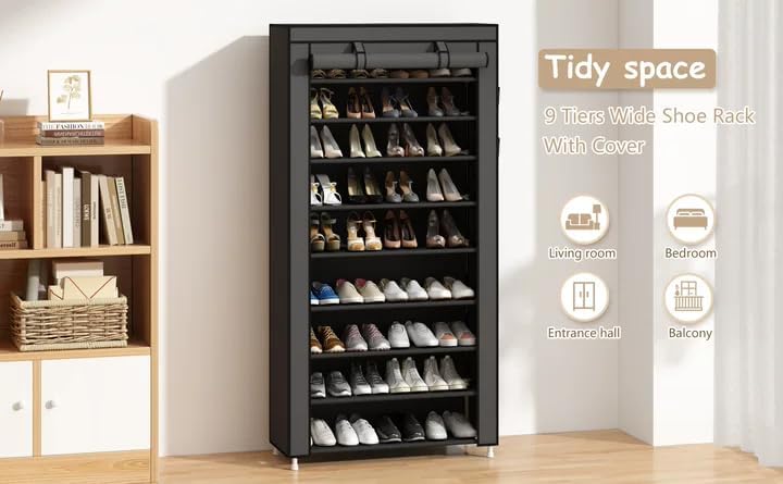 Calmootey 9 Tier Shoe Rack Organizer,Portable Shoe Shelf with Nonwoven Fabric Cover for Closet Hallway,Bedroom,Entryway,31.50x11.81x62.99inches,Grey - Image 4