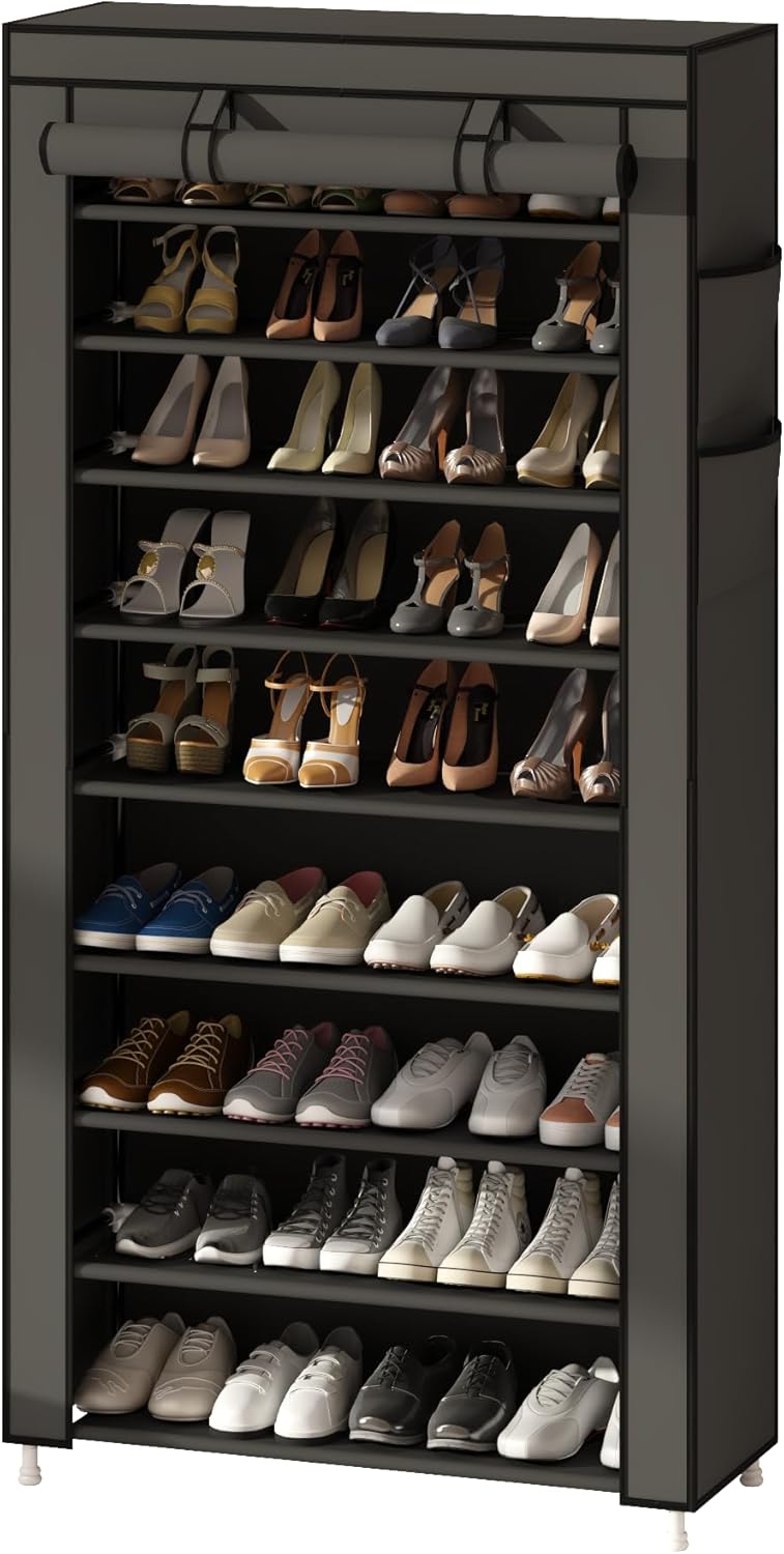 Calmootey 9 Tier Shoe Rack Organizer,Portable Shoe Shelf with Nonwoven Fabric Cover for Closet Hallway,Bedroom,Entryway,31.50x11.81x62.99inches,Grey - Image 1