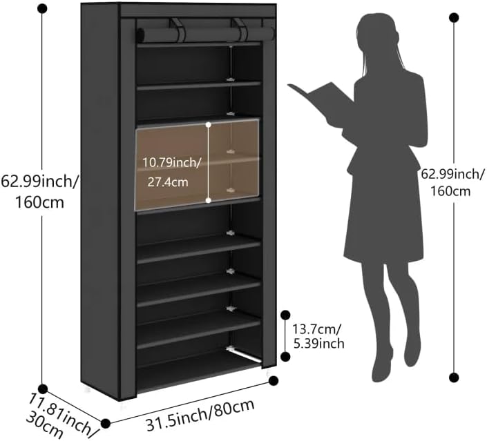 Calmootey 9 Tier Shoe Rack Organizer,Portable Shoe Shelf with Nonwoven Fabric Cover for Closet Hallway,Bedroom,Entryway,31.50x11.81x62.99inches,Grey - Image 3