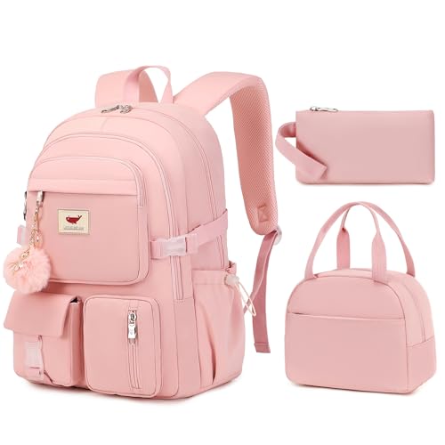 LXYGD Laptop Backpack 156 Inch Elementary Middle High School Bag College Backpacks with Lunch Box Pencil Pouch 3 PCS Set Travel Bookbags for Teens Girls Women Students Pink - Image 1