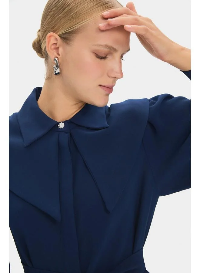 JUNE Belted Collar Maxi Dress