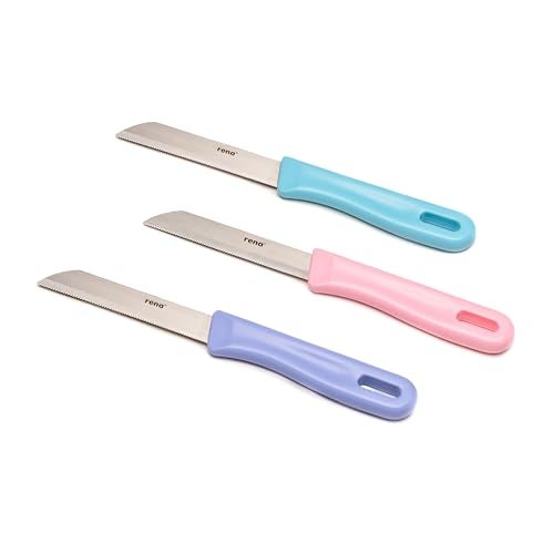 rena Stainless Steel 90 mm Serrated Knife Set of 3, Sharp Kitchen Knives for Fruits, Vegetables, Bread, Daily Kitchen Use Long Lasting Set. 3 Piece Birthday Knife Set Pink, Blue, Purple - Image 1
