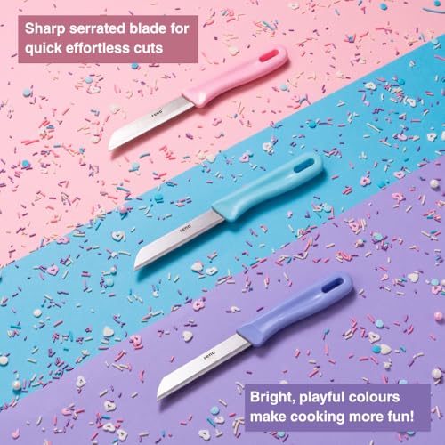 rena Stainless Steel 90 mm Serrated Knife Set of 3, Sharp Kitchen Knives for Fruits, Vegetables, Bread, Daily Kitchen Use Long Lasting Set. 3 Piece Birthday Knife Set Pink, Blue, Purple - Image 2