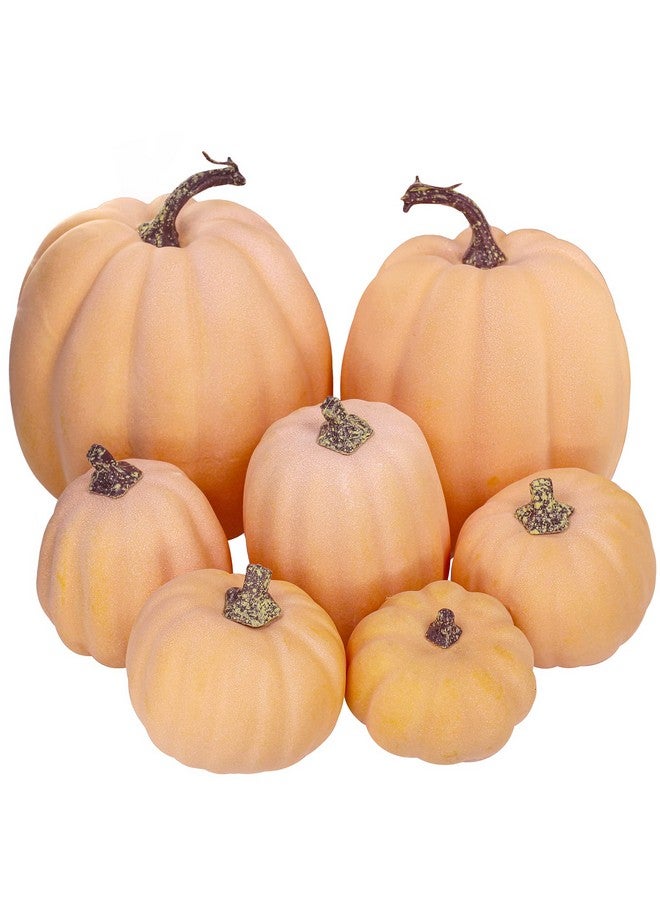 Winlyn 7 Pcs Assorted Sizes Artificial Fall Pumpkins Faux Orange Decorative Foam Pumpkins for Gifts Fall Baby Shower Wedding Thanksgiving Halloween Table Centerpiece Mantel Decor - Image 1