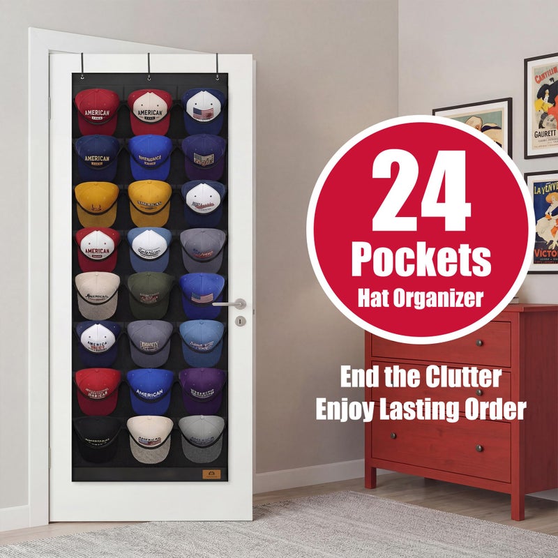 Amoowis Hat Organizer for Baseball Caps, 24 Deep Pockets Hat Rack, Breathable & Visible, Black Hat Holder with 3 Hooks for Door, Bedroom, Closet Organizer - Image 2