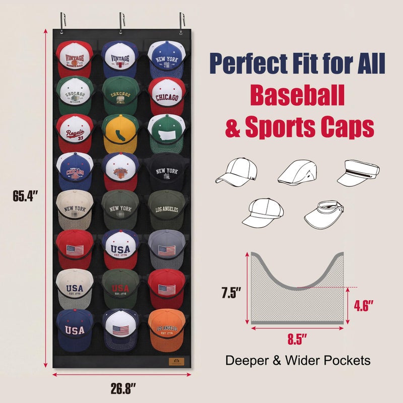 Amoowis Hat Organizer for Baseball Caps, 24 Deep Pockets Hat Rack, Breathable & Visible, Black Hat Holder with 3 Hooks for Door, Bedroom, Closet Organizer - Image 3