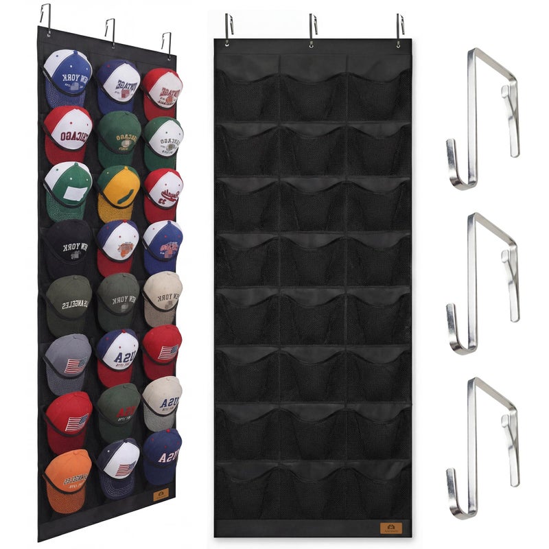 Amoowis Hat Organizer for Baseball Caps, 24 Deep Pockets Hat Rack, Breathable & Visible, Black Hat Holder with 3 Hooks for Door, Bedroom, Closet Organizer - Image 1