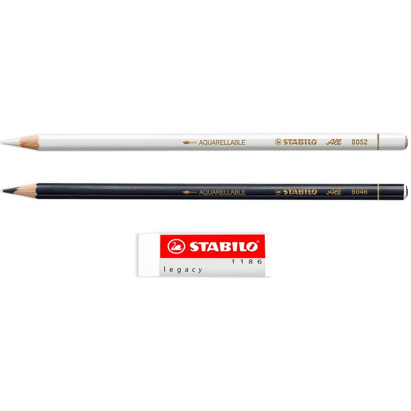 STABILO Coloured Pencil for Almost All Surfaces All - Pack of 2 - Black & White + Legacy Eraser - Image 1