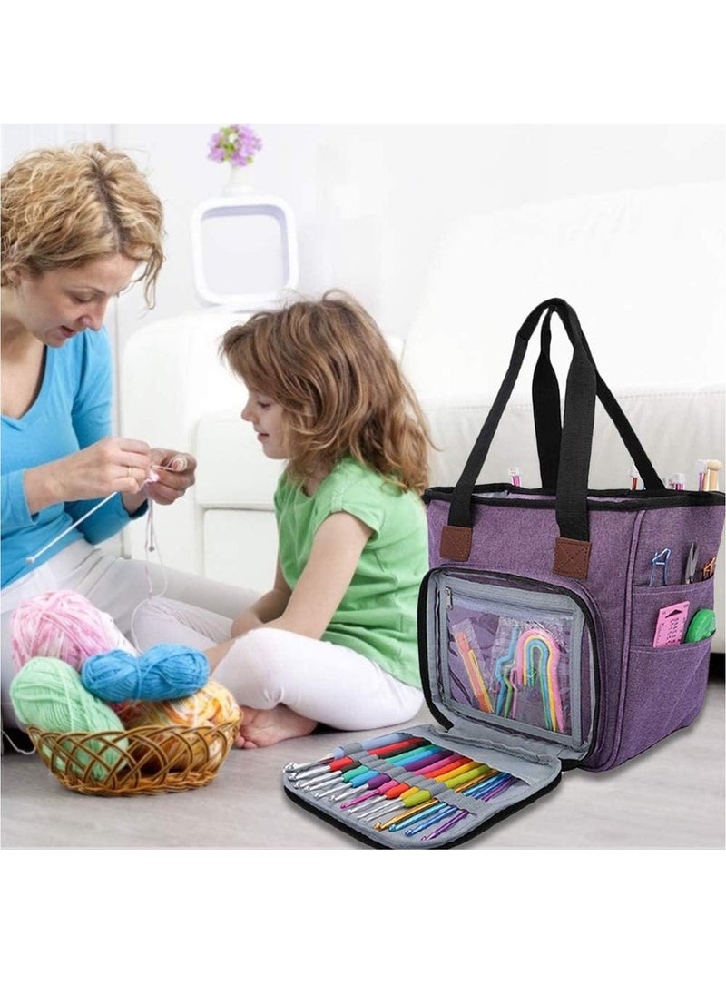 Knitting Bag Portable, Yarn Storage Tote Bag, Portable Cotton Knitting Tote Bag with Slits and Pockets for Knitting Needles, Yarn, Crochet Hooks and Supplies, Prevents Tangling (Only Bag)