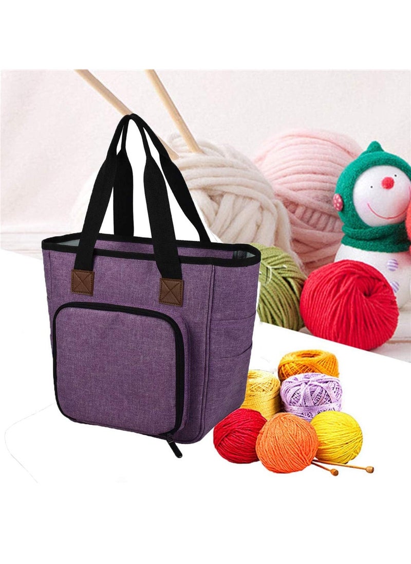 Knitting Bag Portable, Yarn Storage Tote Bag, Portable Cotton Knitting Tote Bag with Slits and Pockets for Knitting Needles, Yarn, Crochet Hooks and Supplies, Prevents Tangling (Only Bag)