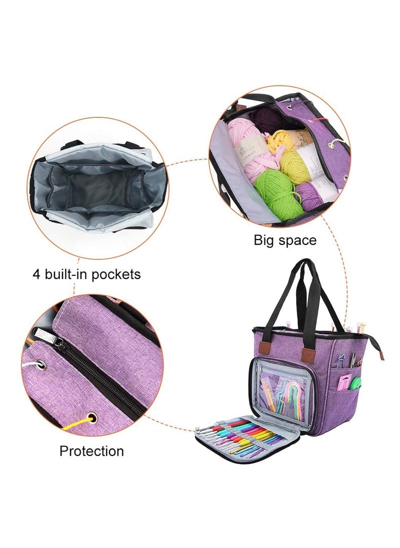 Knitting Bag Portable, Yarn Storage Tote Bag, Portable Cotton Knitting Tote Bag with Slits and Pockets for Knitting Needles, Yarn, Crochet Hooks and Supplies, Prevents Tangling (Only Bag)