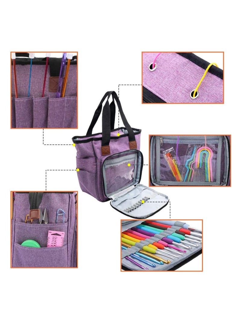 Knitting Bag Portable, Yarn Storage Tote Bag, Portable Cotton Knitting Tote Bag with Slits and Pockets for Knitting Needles, Yarn, Crochet Hooks and Supplies, Prevents Tangling (Only Bag)