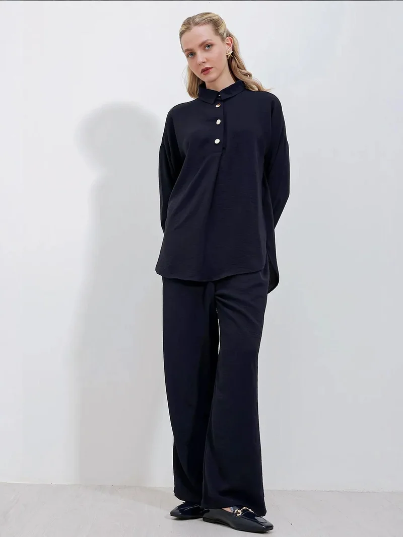 بيغ دارت طقم قميص بأزرار وأكمام طويلة وبنطلون واسع الساق بنقوش بارزة من