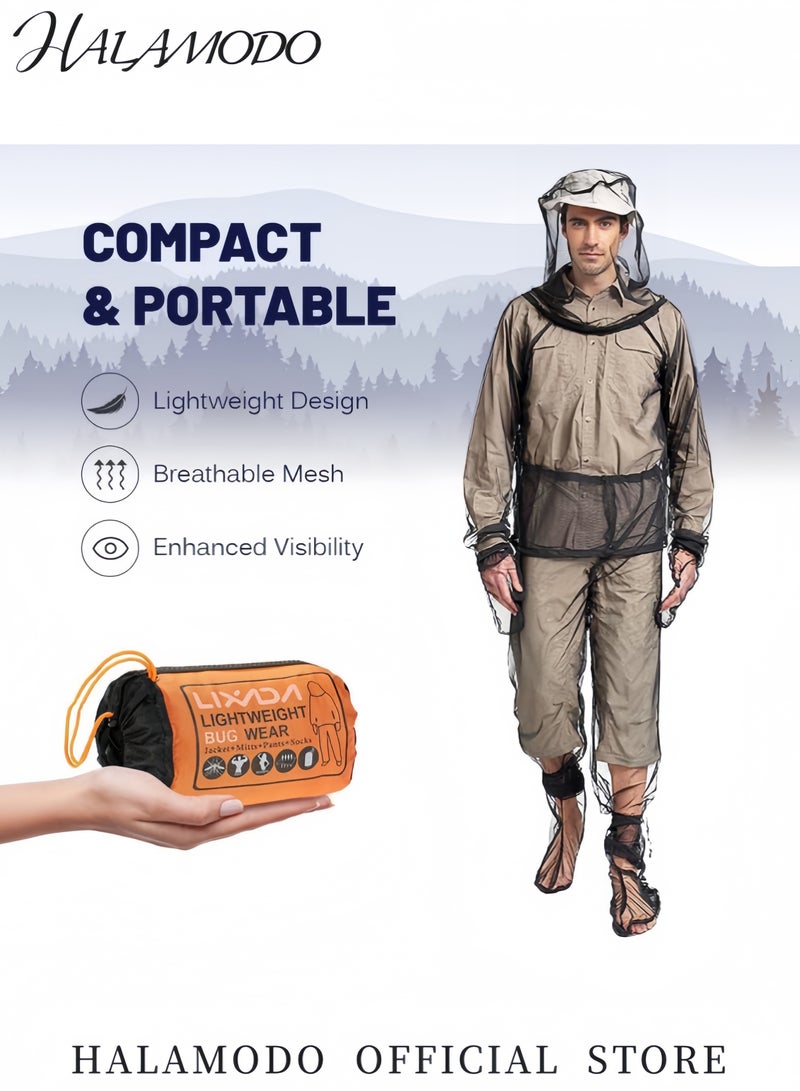 هالامودو طقم شبكة بعوضة 4 قطع سترة وقبعة وسروال وقفازات وجوارب لحماية في الهواء الطلق ملابس شبكة فائقة الخفة مع حقيبة حمل للتنزه والتخييم والصيد - Image 4