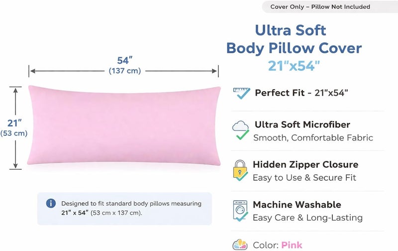 EVOLIVE Ultra Soft Microfiber Body Pillow Cover/Pillowcases 21"x54" with Hidden Zipper Closure (21"x54" Body Pillow Cover, Pink) - Image 3
