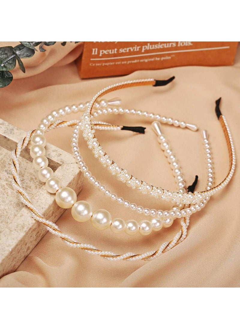 Goolsky 4 Pack Pearls Fashion Headbands,White Artificial Pearl Rhinestones Hairbands,Bridal Hair Hoop Party Wedding Hair Accessories for Women Girls  - Image 1