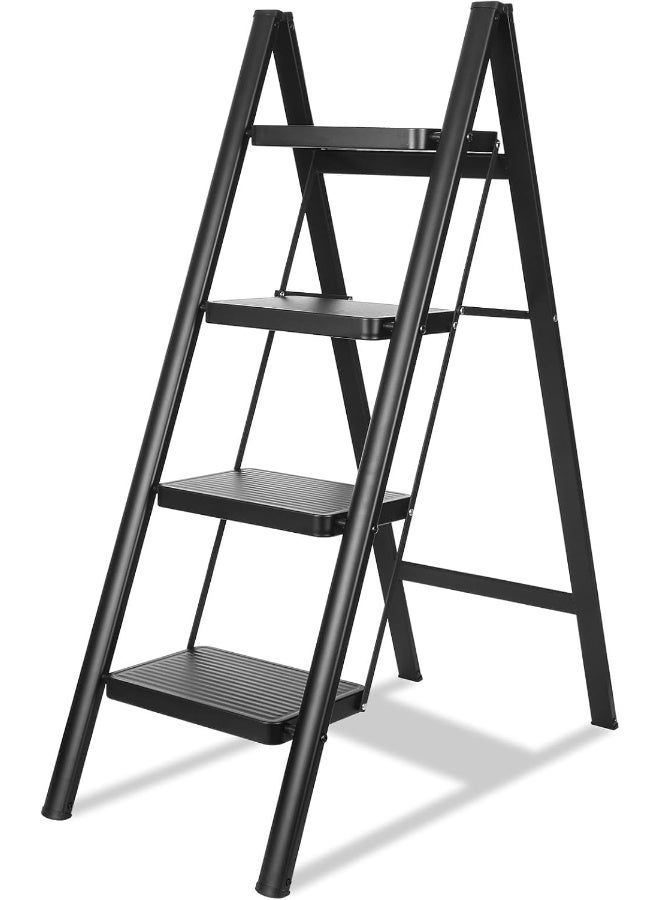 MOMENT 4 Step Ladder Folding, Sturdy 150Kg Small Step Stool For Adults, Safer Full Steel Multi-Use Kitchen Ladder For Home, Closet Step Stool Ladder With Anti-Slip Wide Pedals, Black - Image 1