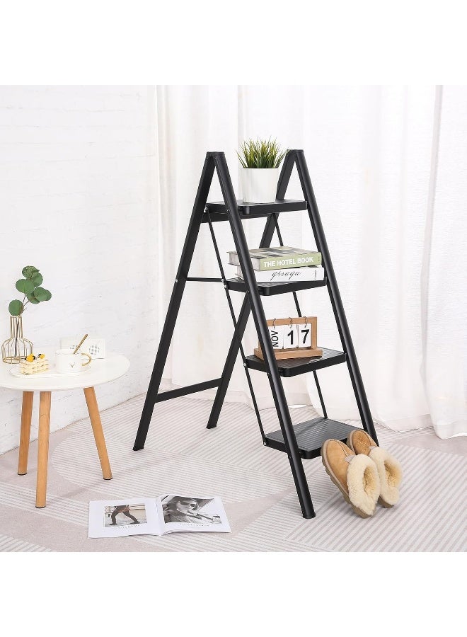 MOMENT 4 Step Ladder Folding, Sturdy 150Kg Small Step Stool For Adults, Safer Full Steel Multi-Use Kitchen Ladder For Home, Closet Step Stool Ladder With Anti-Slip Wide Pedals, Black - Image 2