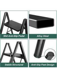 MOMENT 4 Step Ladder Folding, Sturdy 150Kg Small Step Stool For Adults, Safer Full Steel Multi-Use Kitchen Ladder For Home, Closet Step Stool Ladder With Anti-Slip Wide Pedals, Black  - Image 3