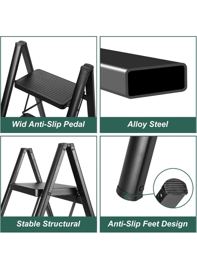 MOMENT 4 Step Ladder Folding, Sturdy 150Kg Small Step Stool For Adults, Safer Full Steel Multi-Use Kitchen Ladder For Home, Closet Step Stool Ladder With Anti-Slip Wide Pedals, Black - Image 3