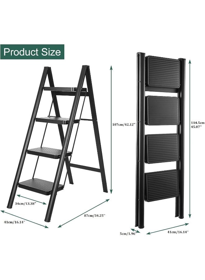 MOMENT 4 Step Ladder Folding, Sturdy 150Kg Small Step Stool For Adults, Safer Full Steel Multi-Use Kitchen Ladder For Home, Closet Step Stool Ladder With Anti-Slip Wide Pedals, Black - Image 5
