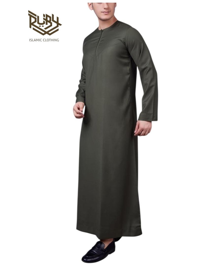 RUBY ISLAMIC CLOTHING Essential Olive Thobe  jubba kandura dishdasha for men – Emirati Style with Front Zip - Image 1