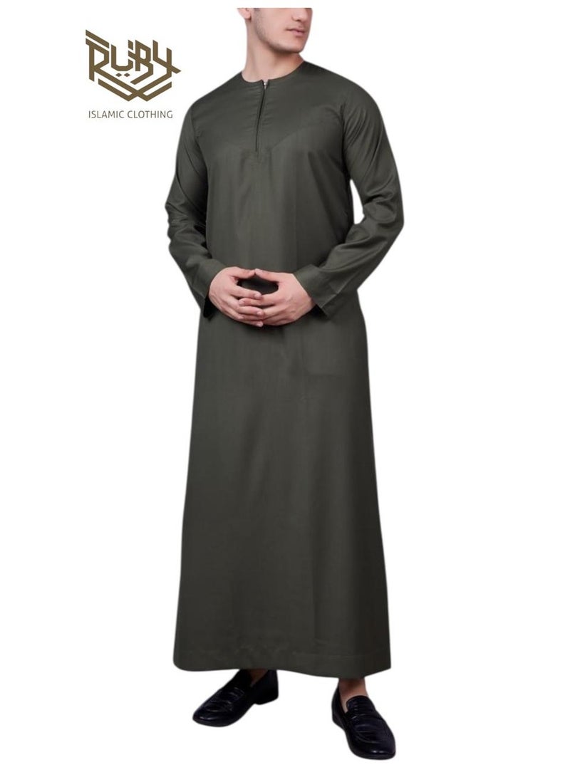 RUBY ISLAMIC CLOTHING Essential Olive Thobe  jubba kandura dishdasha for men – Emirati Style with Front Zip - Image 2