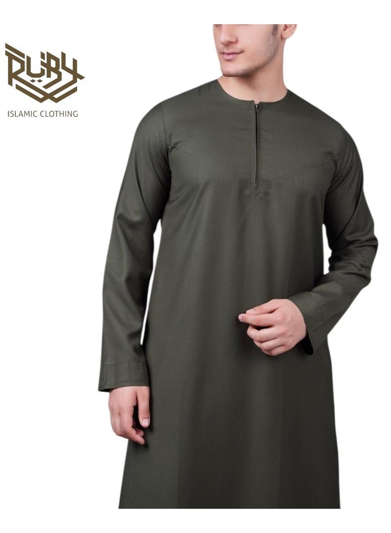RUBY ISLAMIC CLOTHING Essential Olive Thobe  jubba kandura dishdasha for men – Emirati Style with Front Zip - Image 3